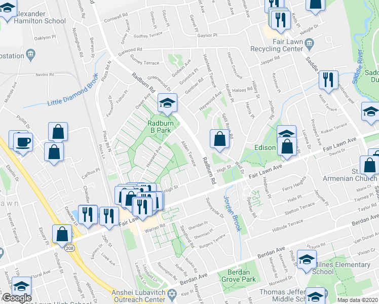 map of restaurants, bars, coffee shops, grocery stores, and more near Alden Terrace in Fair Lawn