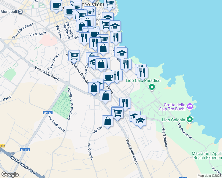 map of restaurants, bars, coffee shops, grocery stores, and more near 18 Via A. Muolo in Monopoli