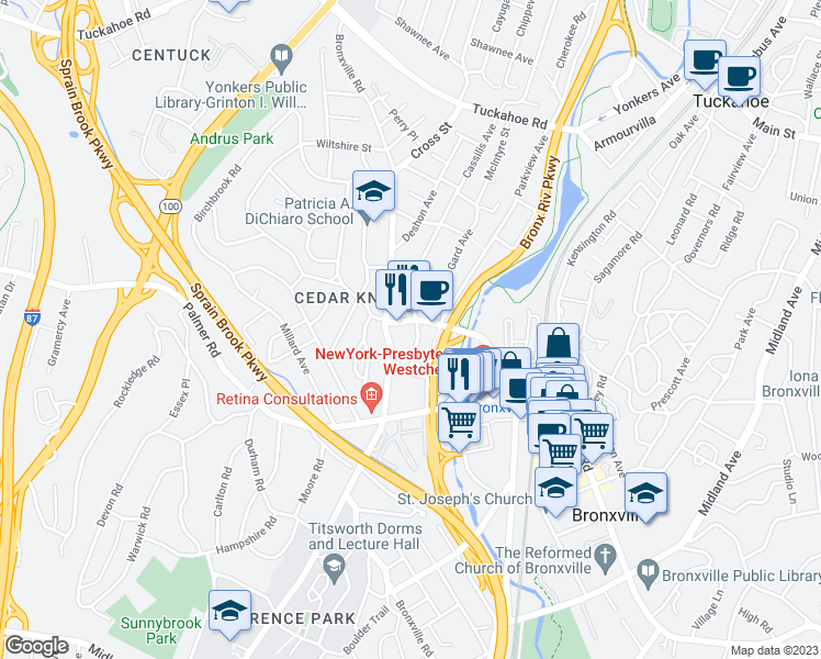 map of restaurants, bars, coffee shops, grocery stores, and more near 56 Pondfield Road West in Bronxville