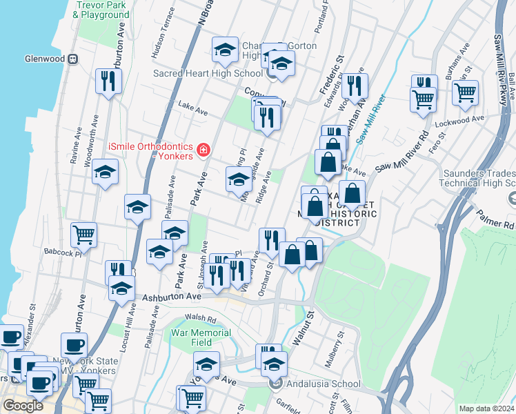 map of restaurants, bars, coffee shops, grocery stores, and more near 168 Ridge Avenue in Yonkers