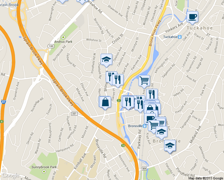 map of restaurants, bars, coffee shops, grocery stores, and more near 56 Pondfield Road West in Bronxville