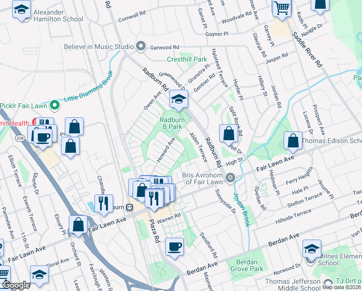 map of restaurants, bars, coffee shops, grocery stores, and more near 17-02 Alden Terrace in Fair Lawn