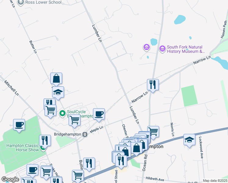 map of restaurants, bars, coffee shops, grocery stores, and more near 270 Lumber Lane in Bridgehampton
