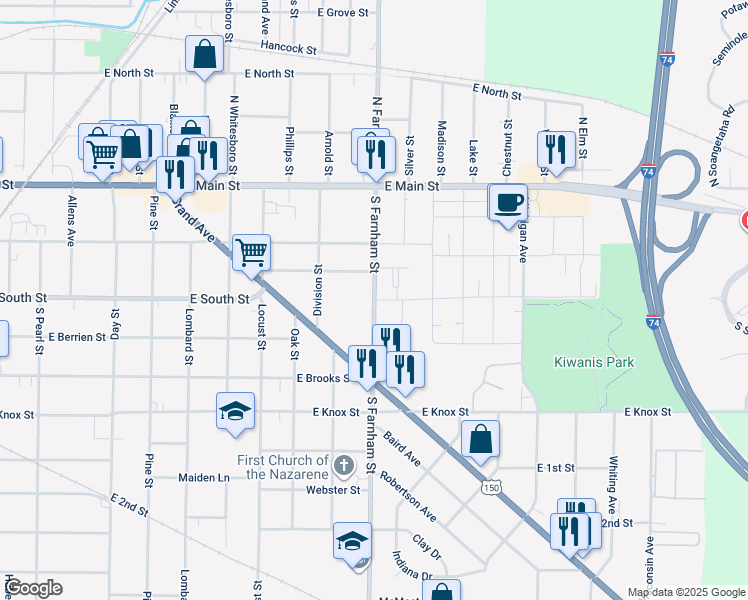 map of restaurants, bars, coffee shops, grocery stores, and more near 301 South Farnham Street in Galesburg