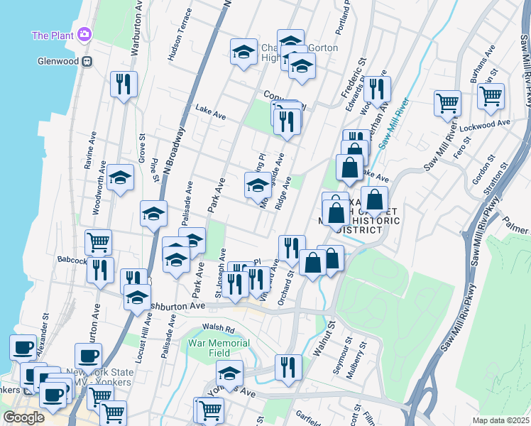 map of restaurants, bars, coffee shops, grocery stores, and more near 32 Morningside Avenue in Yonkers