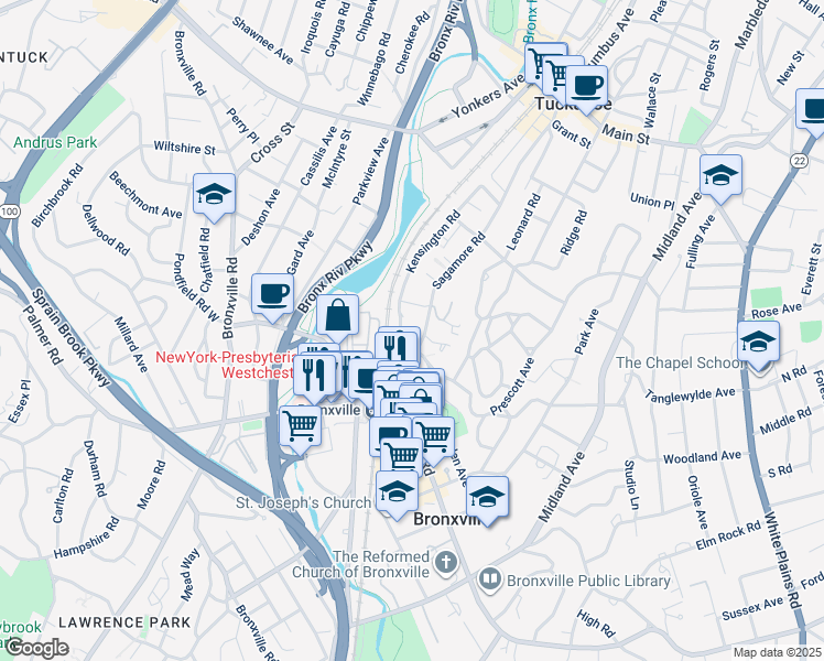 map of restaurants, bars, coffee shops, grocery stores, and more near 44 Sagamore Road in Bronxville