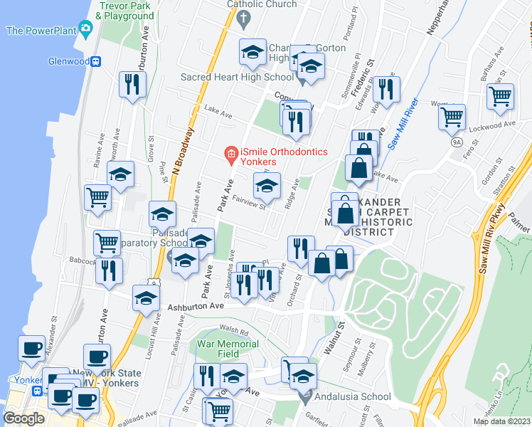 map of restaurants, bars, coffee shops, grocery stores, and more near 56 Fairview Street in Yonkers