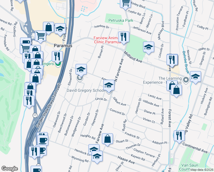 map of restaurants, bars, coffee shops, grocery stores, and more near 134 Arnot Place in Paramus