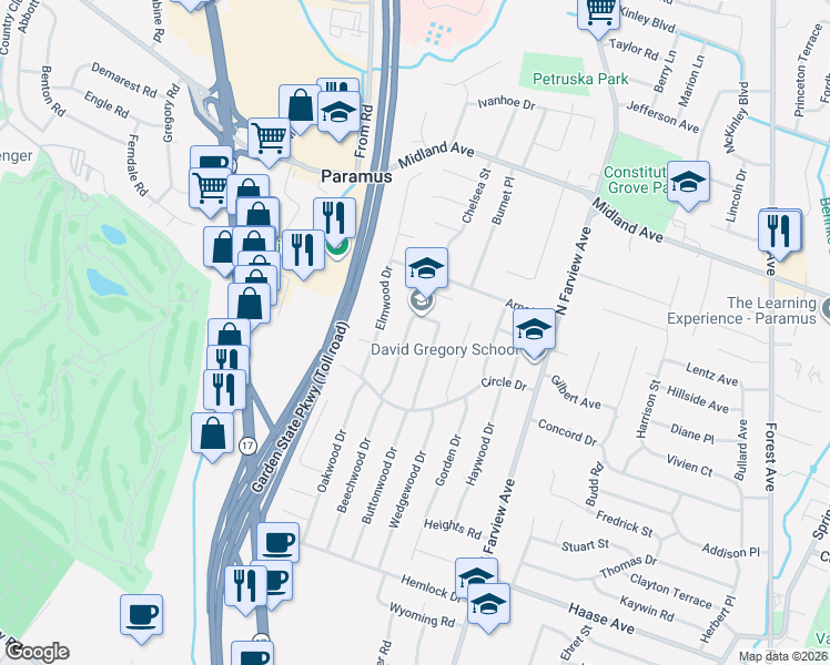 map of restaurants, bars, coffee shops, grocery stores, and more near 341 Sherwood Drive in Paramus