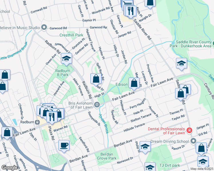 map of restaurants, bars, coffee shops, grocery stores, and more near 34-04 High Street in Fair Lawn