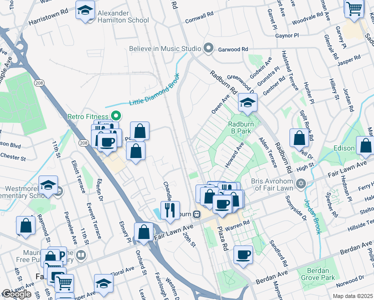 map of restaurants, bars, coffee shops, grocery stores, and more near 348 Plaza Road North in Fair Lawn