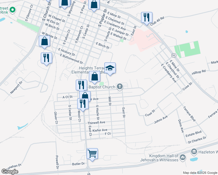 map of restaurants, bars, coffee shops, grocery stores, and more near 275 Mill Street in Hazleton