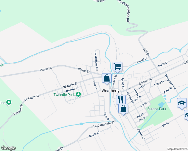 map of restaurants, bars, coffee shops, grocery stores, and more near 170 Plane Street in Weatherly