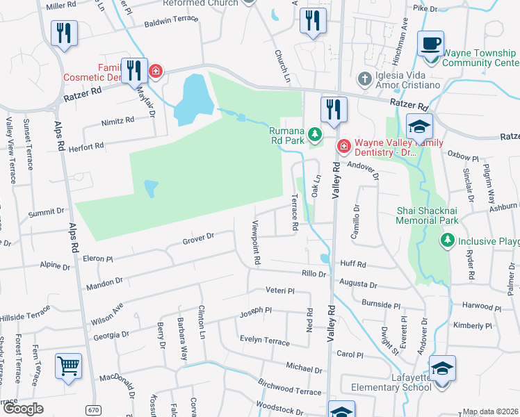 map of restaurants, bars, coffee shops, grocery stores, and more near 24 Crane Terrace in Wayne