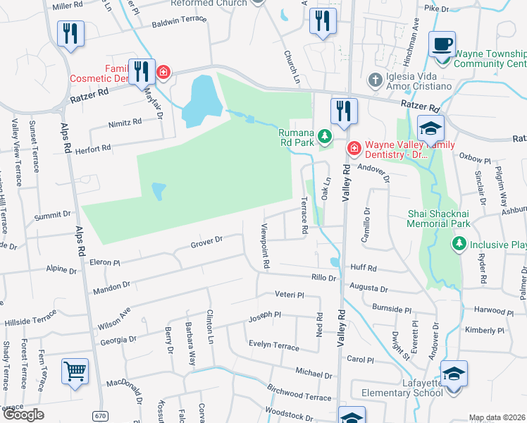 map of restaurants, bars, coffee shops, grocery stores, and more near 24 Crane Terrace in Wayne