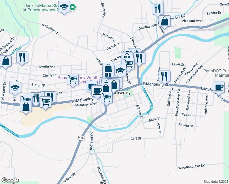 map of restaurants, bars, coffee shops, grocery stores, and more near in Punxsutawney