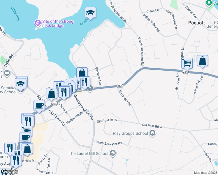 map of restaurants, bars, coffee shops, grocery stores, and more near 343 Main Street in Setauket- East Setauket