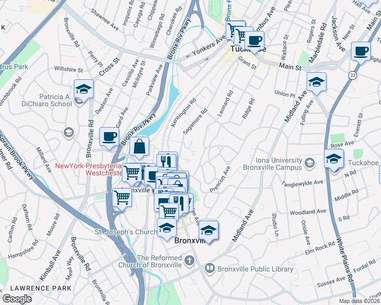 map of restaurants, bars, coffee shops, grocery stores, and more near 7 Red Oak Road in Bronxville