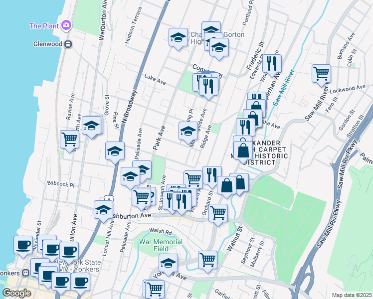 map of restaurants, bars, coffee shops, grocery stores, and more near 56 Fairview Street in Yonkers