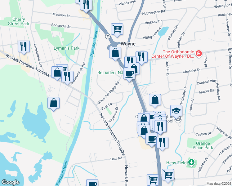map of restaurants, bars, coffee shops, grocery stores, and more near 5 Ferndale Road in Wayne