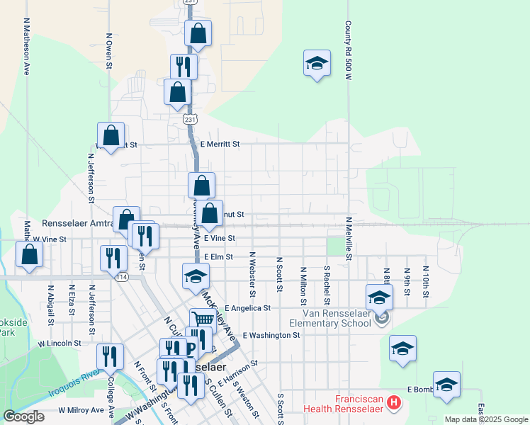 map of restaurants, bars, coffee shops, grocery stores, and more near 536 East Walnut Street in Rensselaer