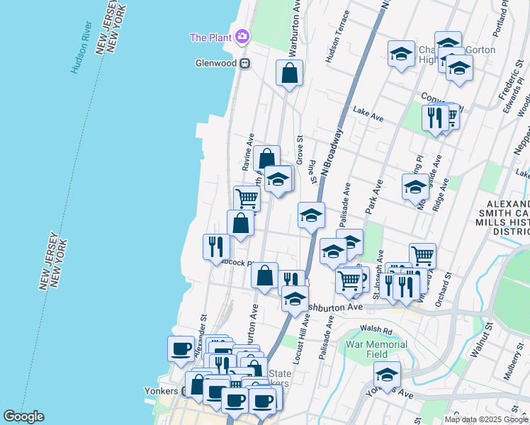 map of restaurants, bars, coffee shops, grocery stores, and more near 243 Warburton Avenue in Yonkers