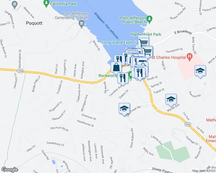 map of restaurants, bars, coffee shops, grocery stores, and more near 115 Brook Road in Port Jefferson