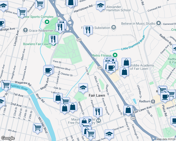 map of restaurants, bars, coffee shops, grocery stores, and more near 19-01 11th Street in Fair Lawn