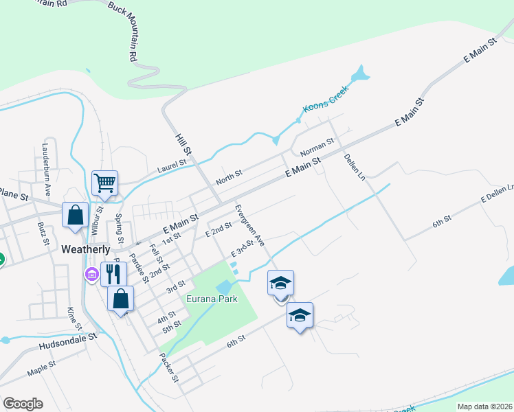 map of restaurants, bars, coffee shops, grocery stores, and more near 630 Evergreen Avenue in Weatherly