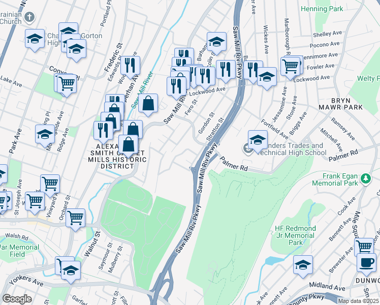 map of restaurants, bars, coffee shops, grocery stores, and more near 44 Troy Lane in Yonkers