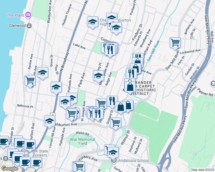 map of restaurants, bars, coffee shops, grocery stores, and more near 176 Ridge Avenue in Yonkers