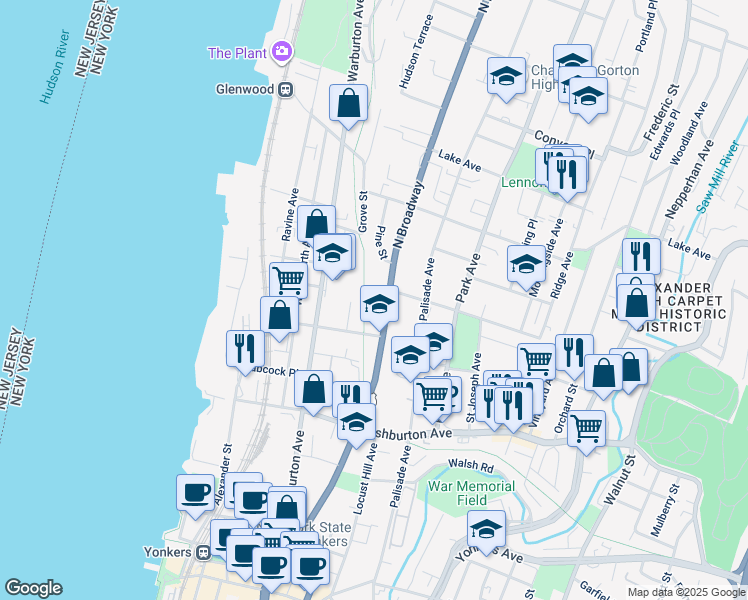 map of restaurants, bars, coffee shops, grocery stores, and more near 265 North Broadway in Yonkers