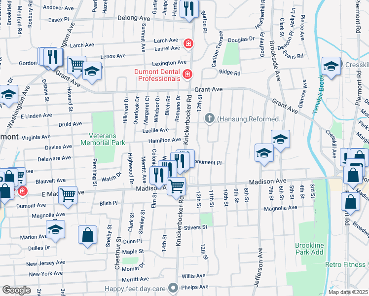 map of restaurants, bars, coffee shops, grocery stores, and more near 155 Hamilton Avenue in Dumont