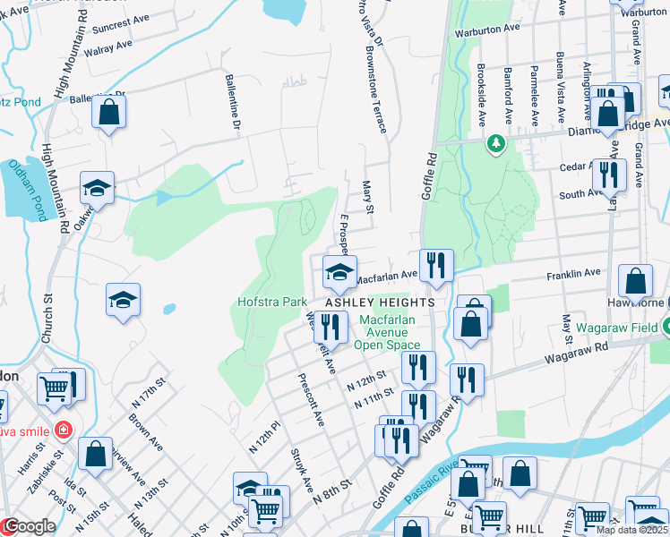 map of restaurants, bars, coffee shops, grocery stores, and more near 32 Prospect Street in Hawthorne