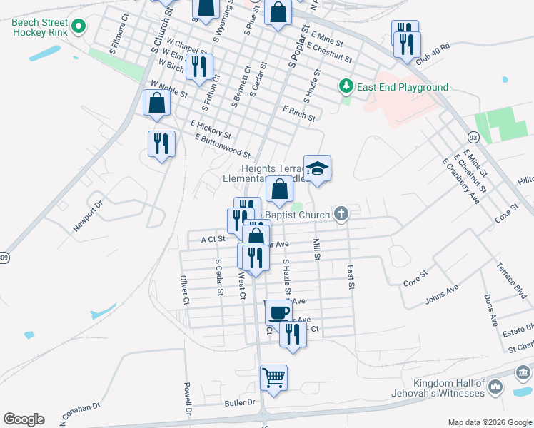 map of restaurants, bars, coffee shops, grocery stores, and more near 325 Samuels Avenue in Hazleton