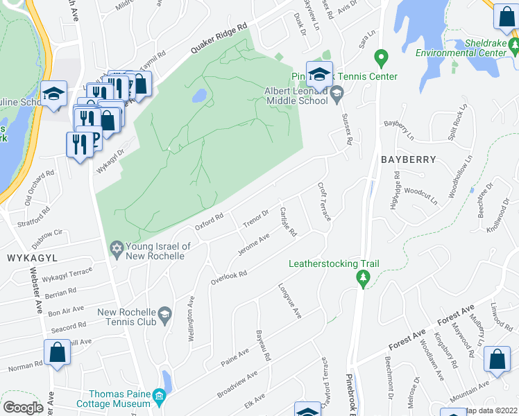 map of restaurants, bars, coffee shops, grocery stores, and more near 228 Trenor Drive in New Rochelle