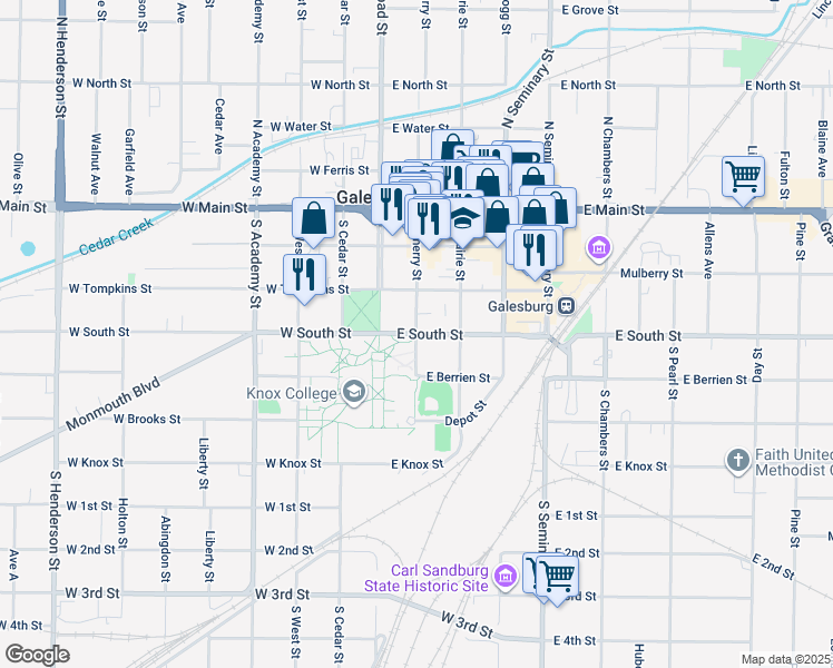 map of restaurants, bars, coffee shops, grocery stores, and more near 101 East South Street in Galesburg
