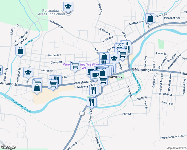 map of restaurants, bars, coffee shops, grocery stores, and more near 207 Pine St in Punxsutawney
