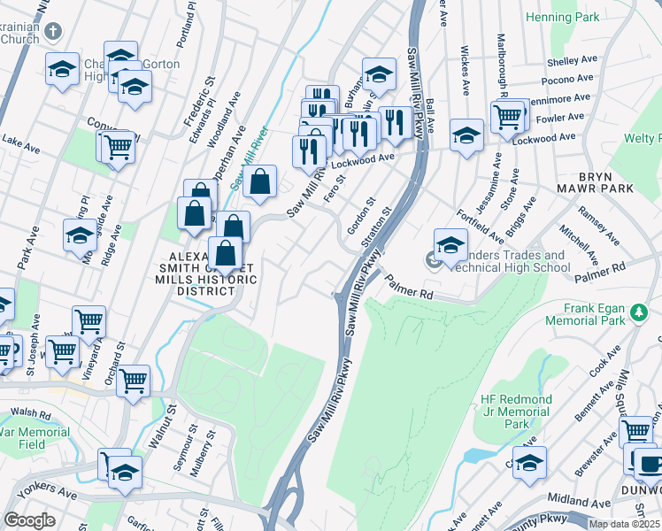 map of restaurants, bars, coffee shops, grocery stores, and more near 44 Troy Lane in Yonkers