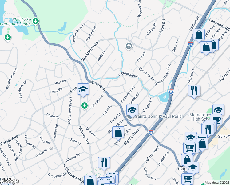 map of restaurants, bars, coffee shops, grocery stores, and more near 21 Orchard Road in Larchmont