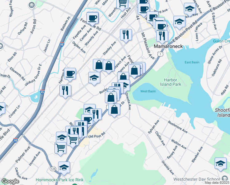 map of restaurants, bars, coffee shops, grocery stores, and more near 114 Rockland Avenue in Mamaroneck