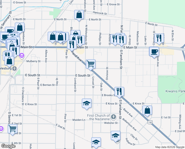 map of restaurants, bars, coffee shops, grocery stores, and more near East South Street in Galesburg