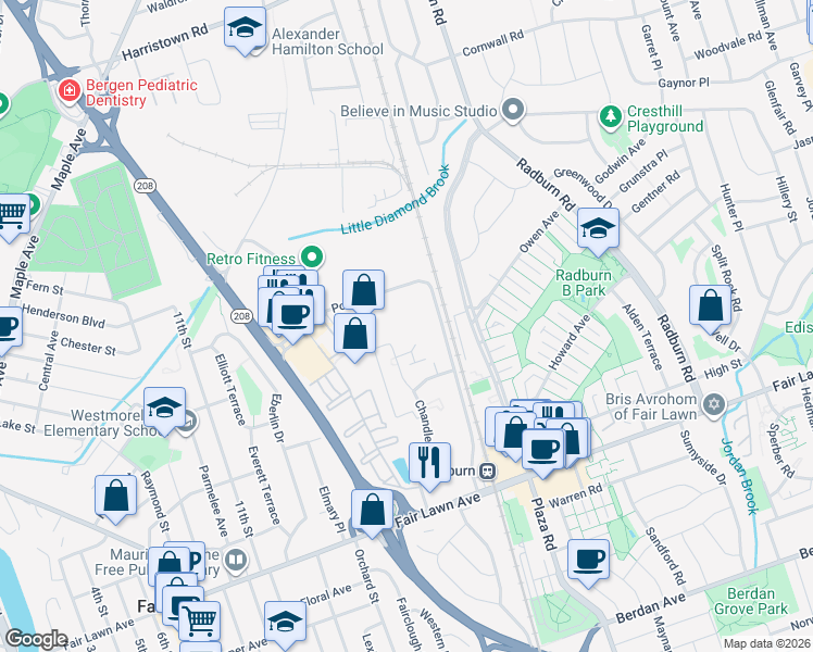map of restaurants, bars, coffee shops, grocery stores, and more near 1136 Pollitt Drive in Fair Lawn