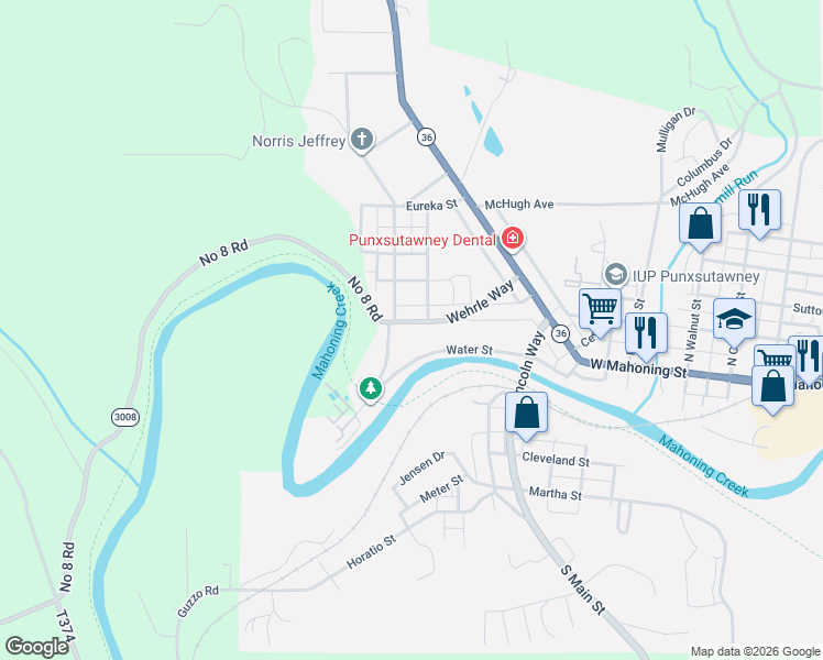 map of restaurants, bars, coffee shops, grocery stores, and more near 207 Perry Street in Punxsutawney
