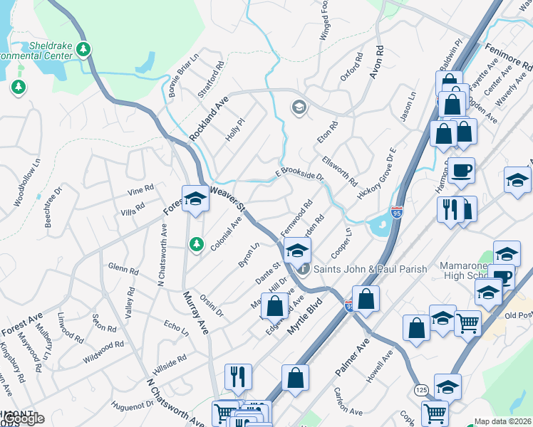 map of restaurants, bars, coffee shops, grocery stores, and more near 21 Orchard Road in Larchmont