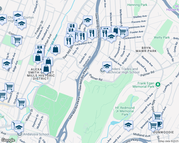 map of restaurants, bars, coffee shops, grocery stores, and more near 95 Palmer Road in Yonkers