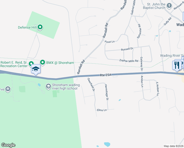 map of restaurants, bars, coffee shops, grocery stores, and more near 291 New York 25A in Wading River