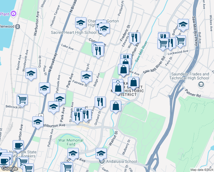 map of restaurants, bars, coffee shops, grocery stores, and more near 125 Orchard Street in Yonkers