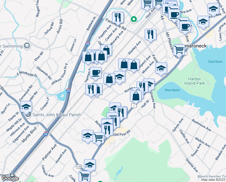 map of restaurants, bars, coffee shops, grocery stores, and more near 808 Palmer Avenue in Mamaroneck