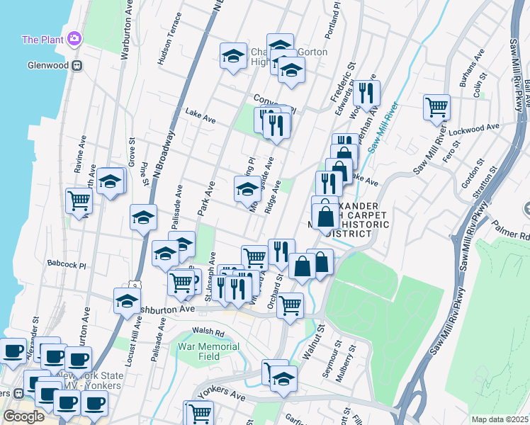 map of restaurants, bars, coffee shops, grocery stores, and more near 176 Ridge Avenue in Yonkers
